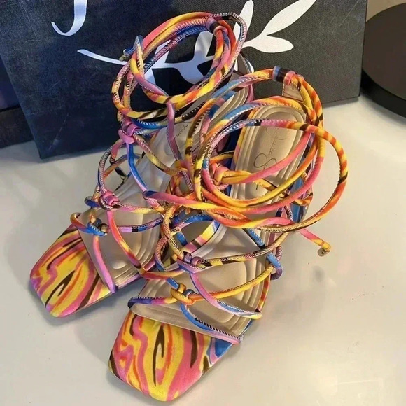 Jessica Simpson Printed Strappy Ankle Wrap Dress Sandals New - Picture 2 of 5